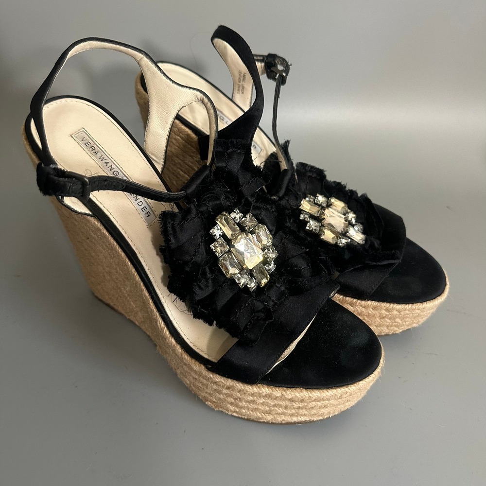 Vera Wang Lavender Black Espadrille Wedge Sandals Crystal Ruffle Size 7M